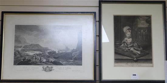 Smith after Kneller, mezzotint, The Lord Bury, 35 x 25cm, and a Vernet engraving La Tempete, 44 x 59cm.classical seascape